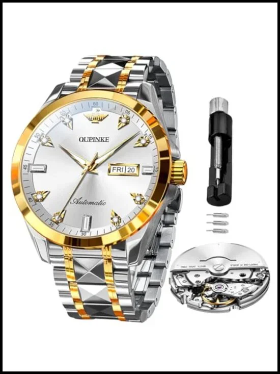 Automatic Mechanical Skeleton Watch Stainless Steel Waterproof Day Date