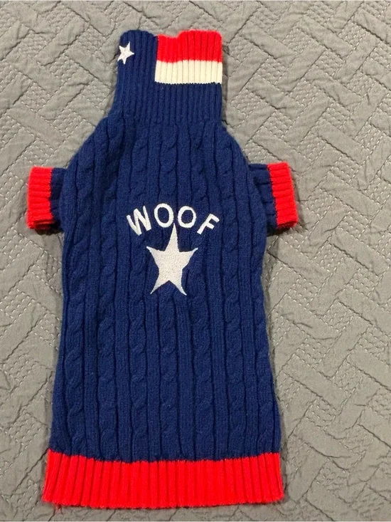 Woof Cable-Knit Dog Sweater in Navy with Red & White Trim