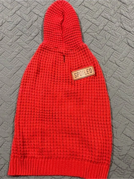 Red Waffle-Knit Doggie Hooded Sweater with 'Spoiled' Patch