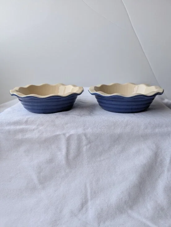 Emile Henry Le Potier Blue Ceramic Individual Pie Plate Baker Dishes - 2