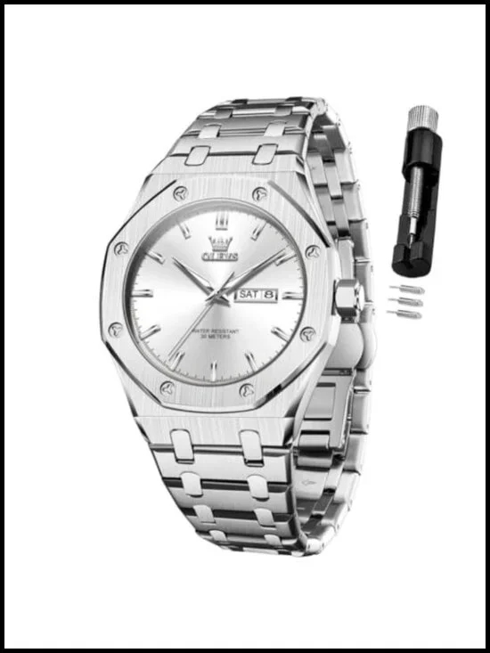 Mens Large Stainless Steel Analog Quartz Watch Waterproof Business