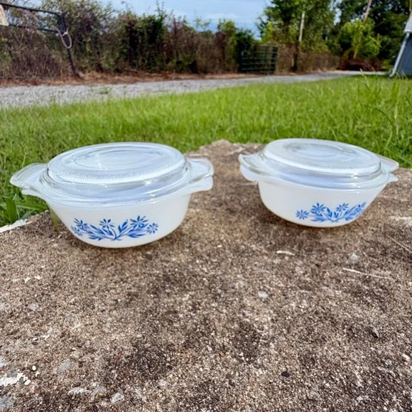 Vintage Fire-King Blue Cornflower 12oz Milk Glass Dishes with‎ Lids Set 2