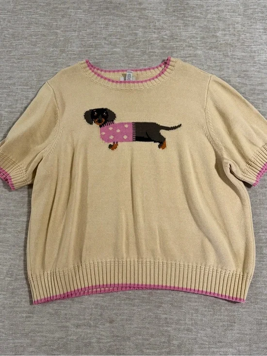 St. John’s Bay Beige Dachshund Sweater Top with Pink Trim