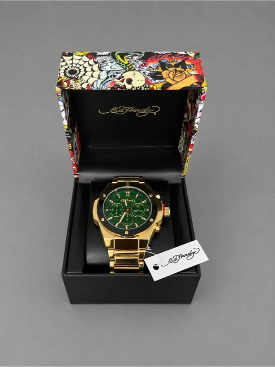 Ed Hardy Gold Men's Chronograph Watch with Green Dial