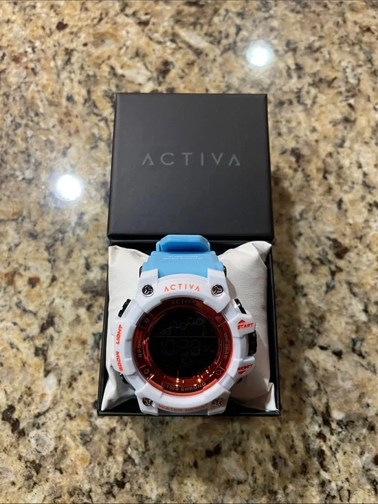 Activa White Watch with Blue Strap and Red-Tinted Dial