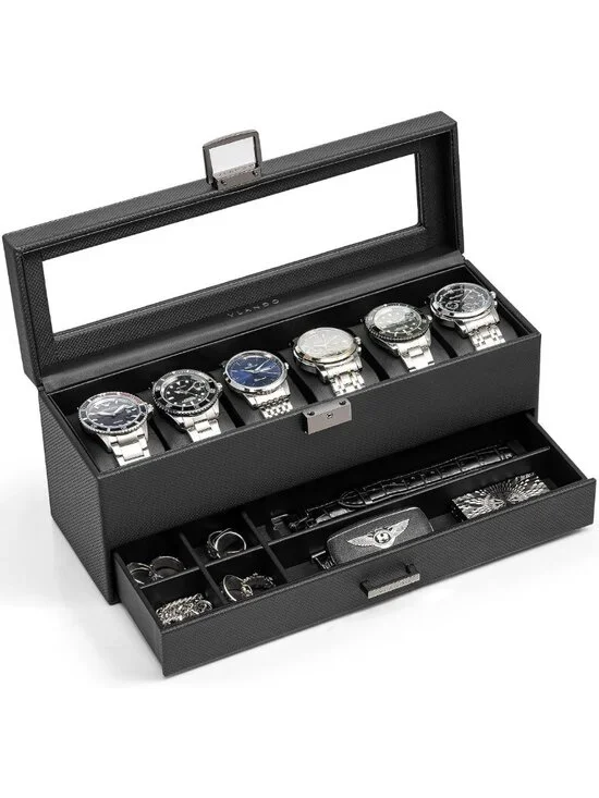 Stylish 6-Slot Watch Box for Men, 2-Layer Organizer with Glass Lid, Black