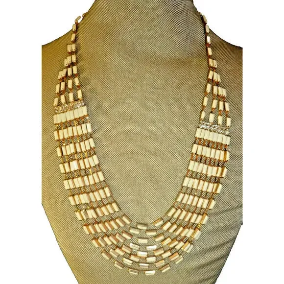 Vintage Bib‎ Collar Egyptian revival White & Clear Rhinestone Necklace 17