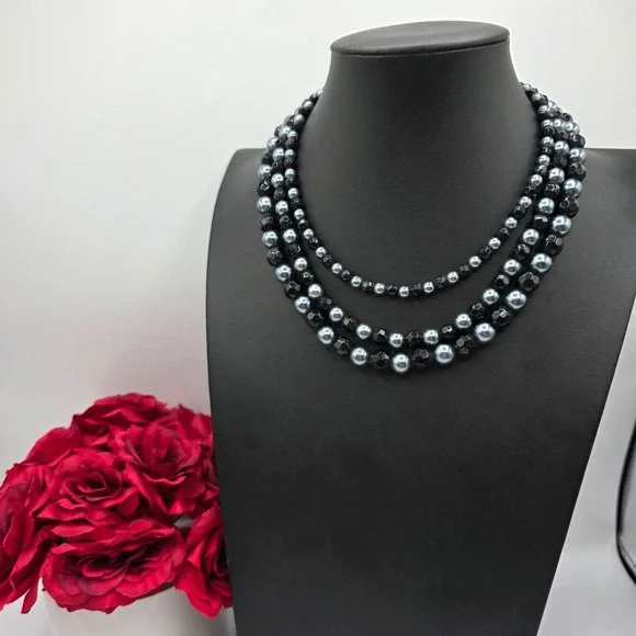 Premier Designs‎ Multi-Strand Beaded Necklace Black Grey Crystal Toggle Clasp
