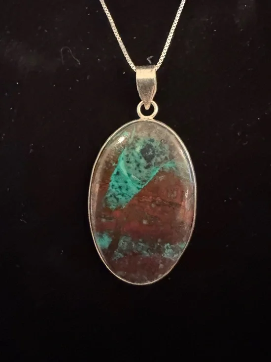 Turquoise and Red chrysocolla quartz Oval Pendant Necklace sterling silver‎