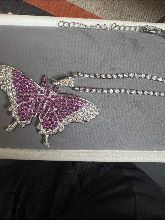 Silver Tone Pink & Clear Rhinestone Iced Out Butterfly Pendant Tennis Necklace