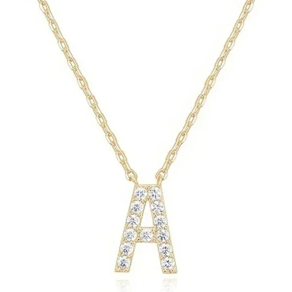 14K Yellow Gold Initial Necklace Letter Dainty Diamond Gift Present A - O