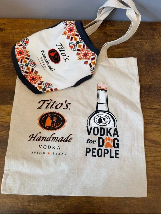 Tito’s Handmade Vodka Dog Sweater XS & Dog People Canvas Tote Promo Austin TX‎
