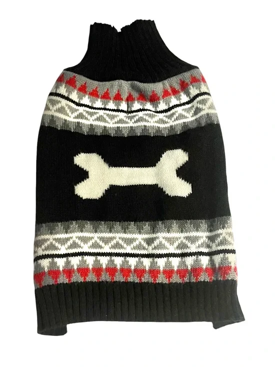 Dog Sweater Medium Black Knit Pullover Gray/White/Red Fairisle White Bone Motif