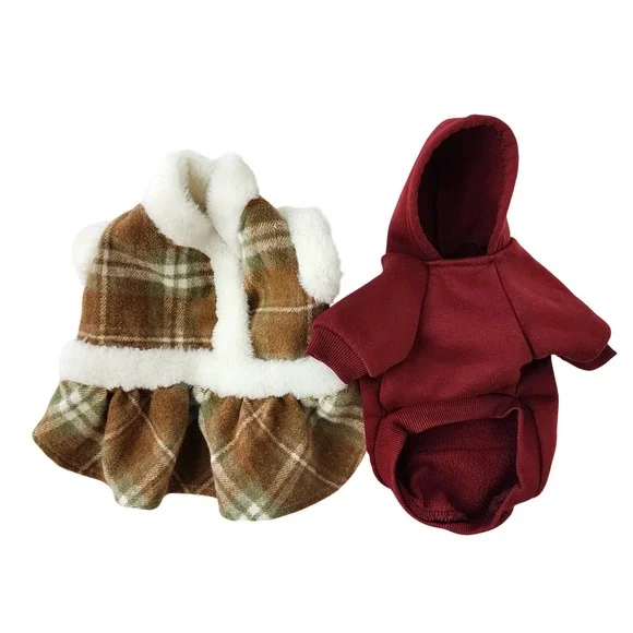 Yikeyo Pet Clothing‎ Set XS Burgundy Hoodie and Plaid Faux Fur Trim Dress Vest