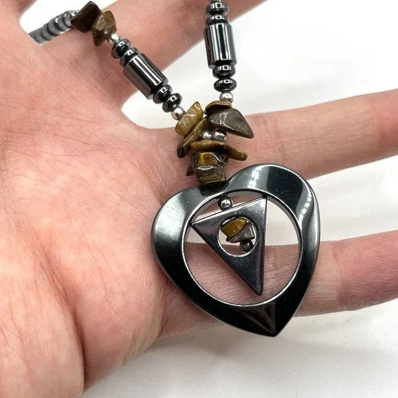 Handmade Hematite & Tiger Eye Mixed Beads Pendant Heart Necklace 16