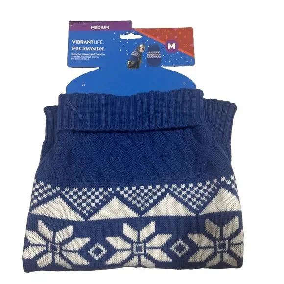 Vibrant Life Holiday Pet Sweater for Cats & Dogs, Snowflakes, Blue, Medium