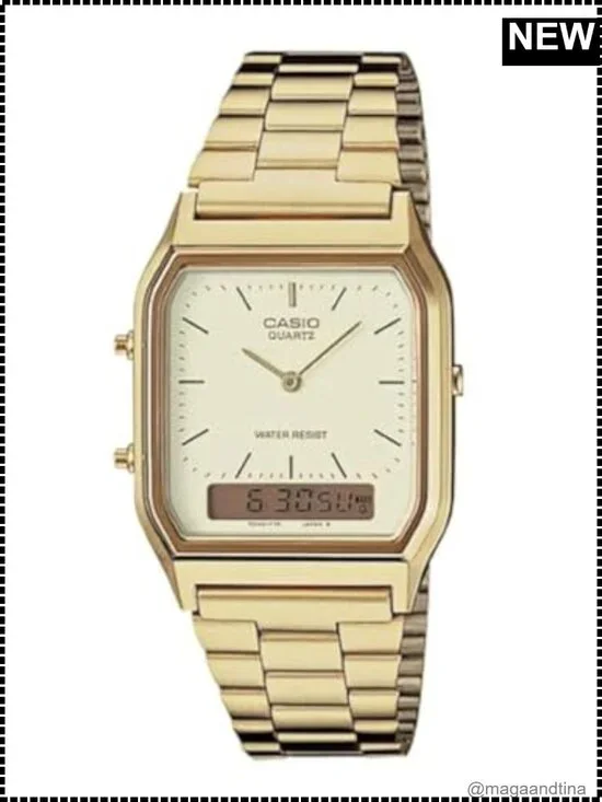 Casio Analog Digital Dual Time Watch Gold Tone Metal Band 30M Water Resistant