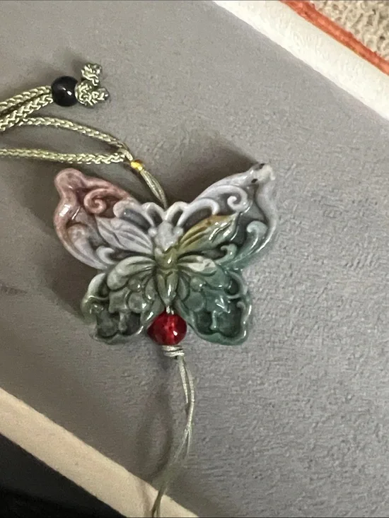 Carved Multicolored Jade Butterfly Pendant Necklace Pink Lavender Green