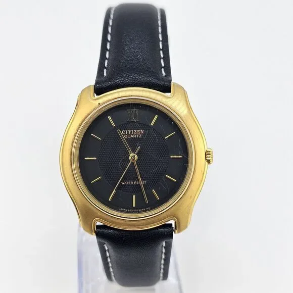 VTG‎ Citizen Men's Watch 35MM Black Dial New Black Leather Bands New Battery