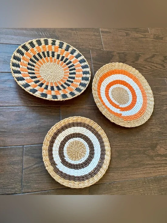 Handmade Rattan Wall Art Trio, Boho Chic Home Decor, Set of 3