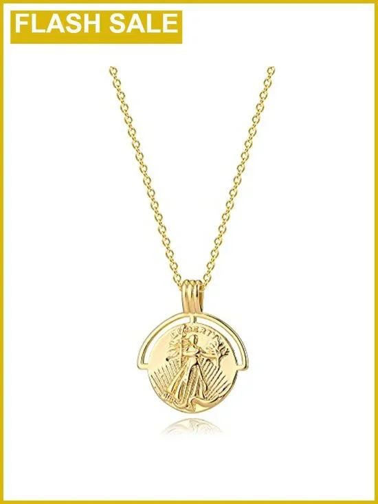 18k Gold Plated Vintage Coin Pendant Necklace Dainty Medallion for Women