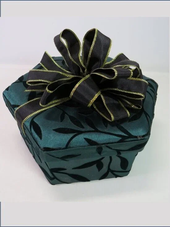 Vintage Hexagonal Fabric Covered Gift Box Teal Velvet Leaves Black Gold Bow