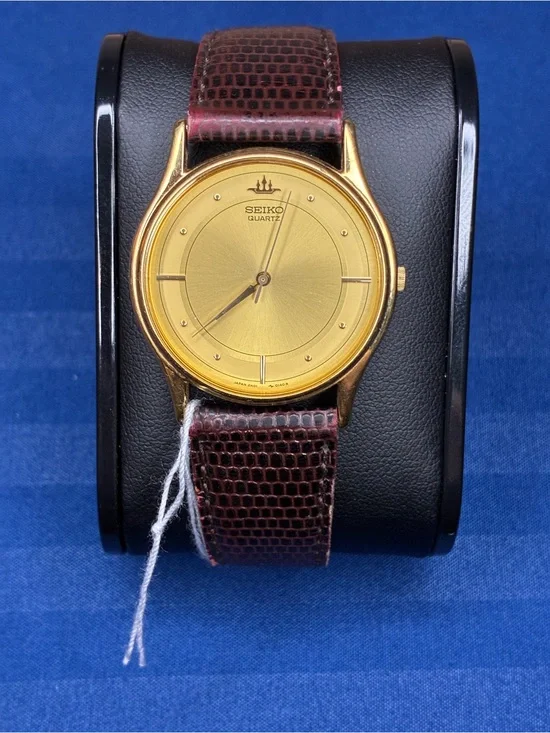 Rare Vintage Seiko Gold Dial Dark Brown Leather Strap Men's Watch