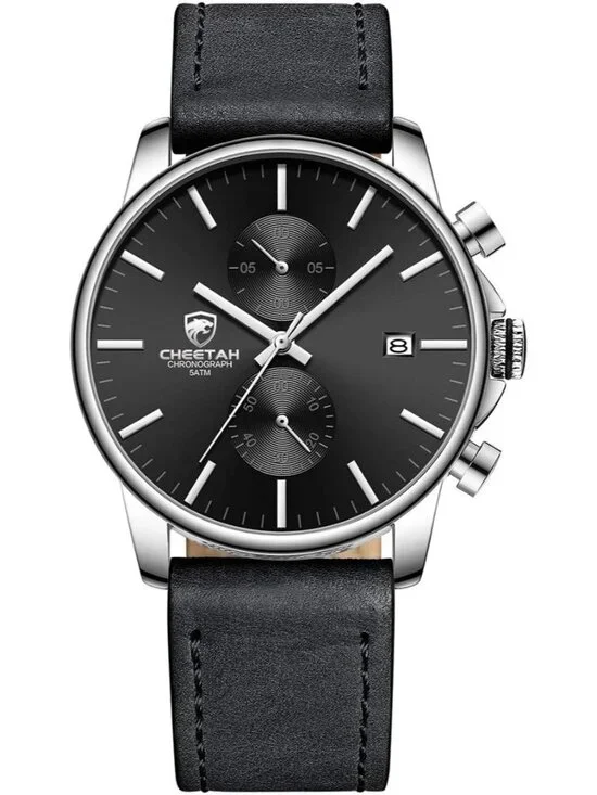 Men's Silver Gray Leather Strap Fashion Minimalist Analog Chronograph Watch