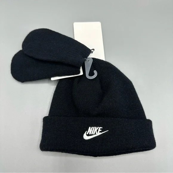 Nike Beanie Hat and Mittens 2 Piece Infant Toddler Baby Set Size 12/24M Black