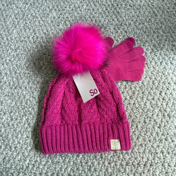 SO Hot Pink Cable Knit Beanie and‎ Gloves Set Faux Fur Pom Size M/L