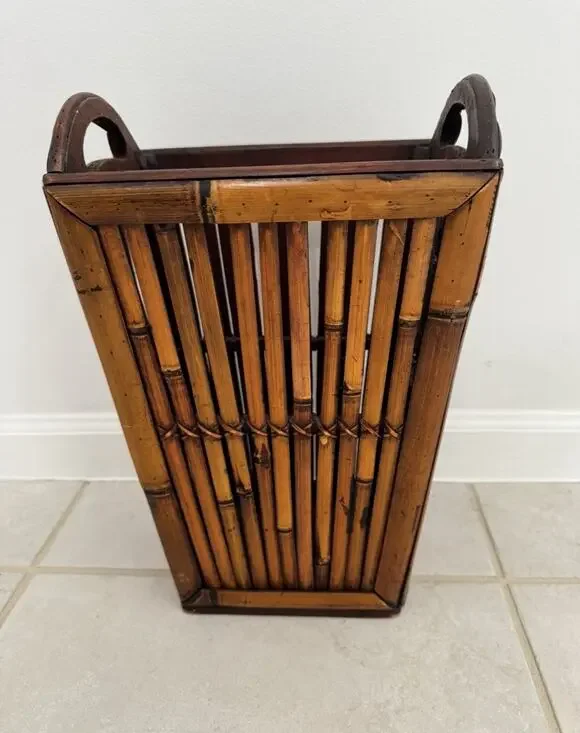 Vintage rattan waste basket trash can