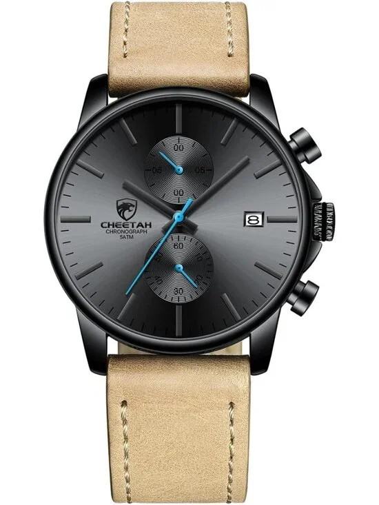 Men's Leather Blue hands Fashion Minimalist Quartz Analog Chronograph Wristwatch