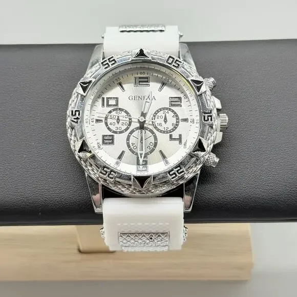 Geneva Mens Silver Tone Chronograph Style Watch White Silicone Sport Band