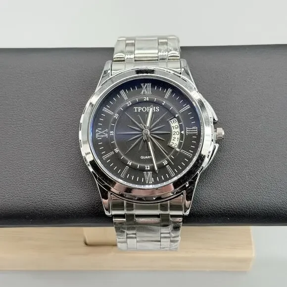Trophas Men's Silver Tone Quartz Watch Black Dial Roman Numeral Date Window