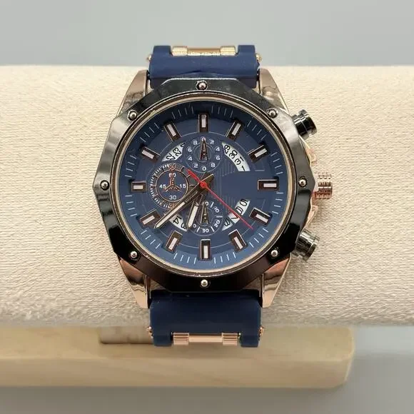Mens Navy Blue Rose Gold Watch Silicone Strap Industrial Bolled Bezel Sport New