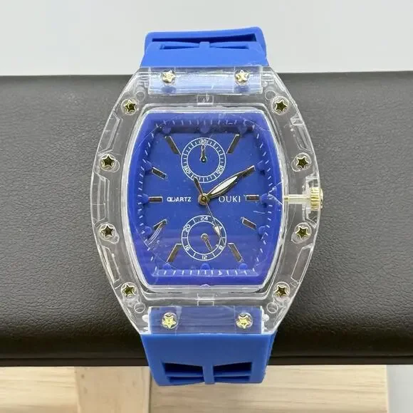 Ouki Mens Blue Tonneau Quartz Fashion Watch Skeleton Dial Mille Style Barrel