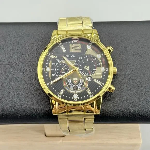 Geneva Mens Gold Tone Chronograph Style Watch Black Dial Stainless Steel New
