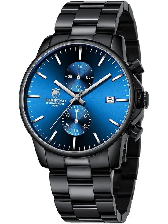 Men's Dark Blue Stainless Steel Waterproof Chronograph Quartz Wrist Watches