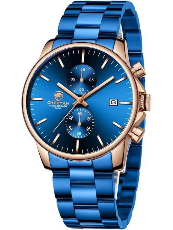 Men's Rose Blue Fashion Stainless Steel Waterproof Chronograph Quartz Watches