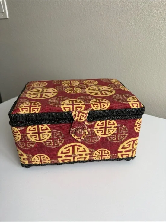 Decorative Red and Gold Fabric Jewelry Box with Black Trim
