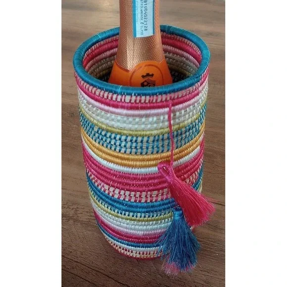Handcrafted Sisal Coil Wine/Champagne Holder W/Tassels Made In Rwanda