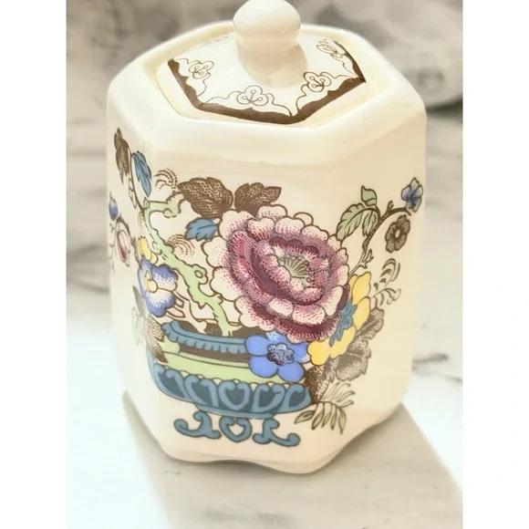 Mason's Ironstone Hexagon Flowered Trinket Box & Lid Jar Transfer Ware (A3216)
