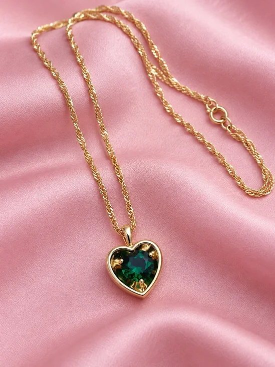 14k. Laminated Gold Heart Pendant Necklace with Green Gem - Women's Jewelry