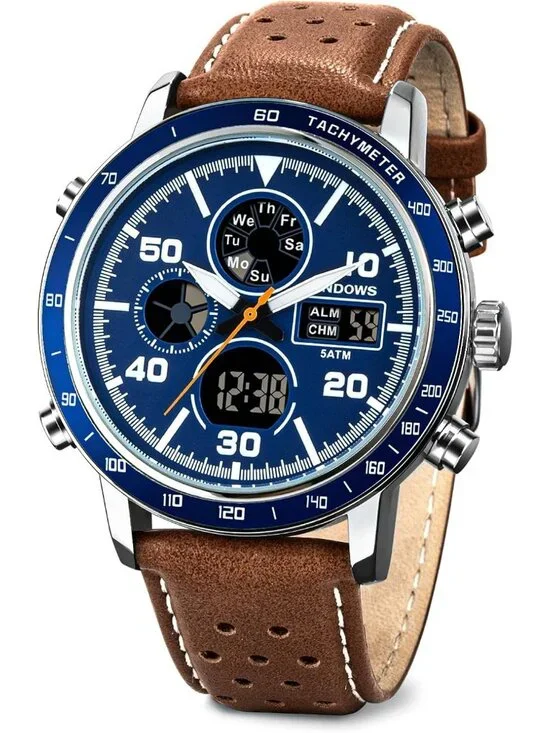 Men's Retro Brown Blue Digital Analog Multifunction Sport Casual Wrist Watch