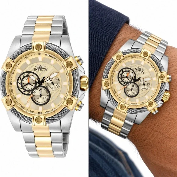Invicta Bolt Ace Mens Watch 52mm Gold Steel (49747) Black Diver Box Included New