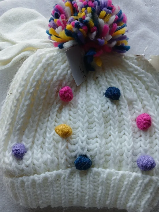 🎵 Capelli of New York Toddler Pom-Pom Beanie Hat + Mittens [Sz 2T-4T] NWT
