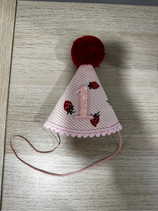Kids 1st Birthday Strawberry Party Hat - Pink with Red Pom Pom