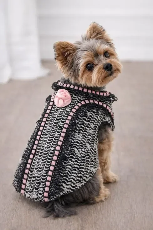 Black And White Knit Dog Sweater Jacket Pink Trim Lace Detail Size 10 Animal Wra