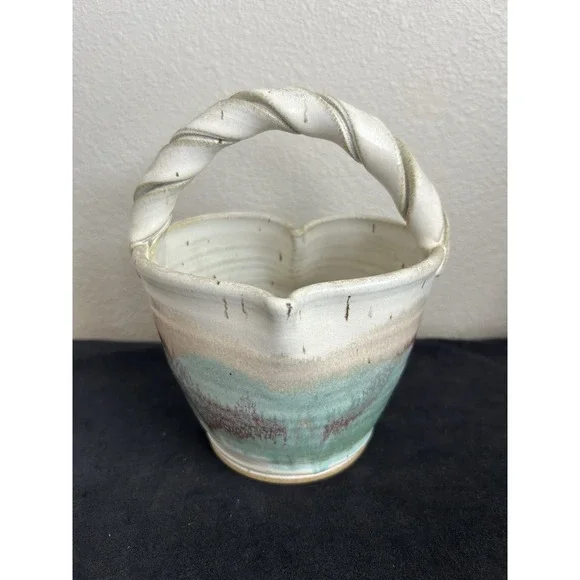 ARIA‎ Signed Studio Pottery Basket Twist Handle Roswell New Mexico
