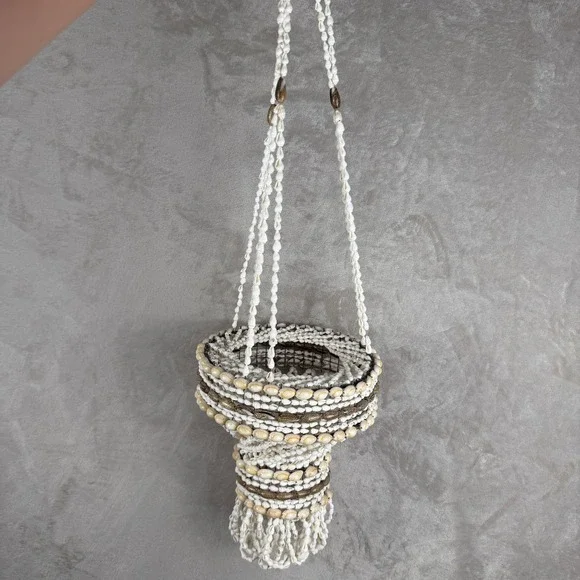 Vintage Boho Cowrie Shell Hanging Planter Basket Coastal Nautical‎ Decor 28 Inch